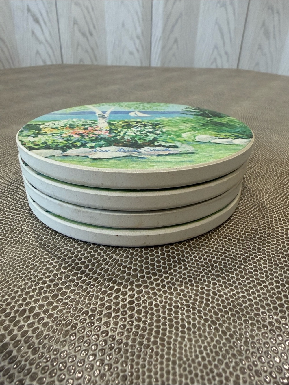 Scenic signed Coastal Floral Round Stone Coasters - Set of 4 - Picture 3 of 10